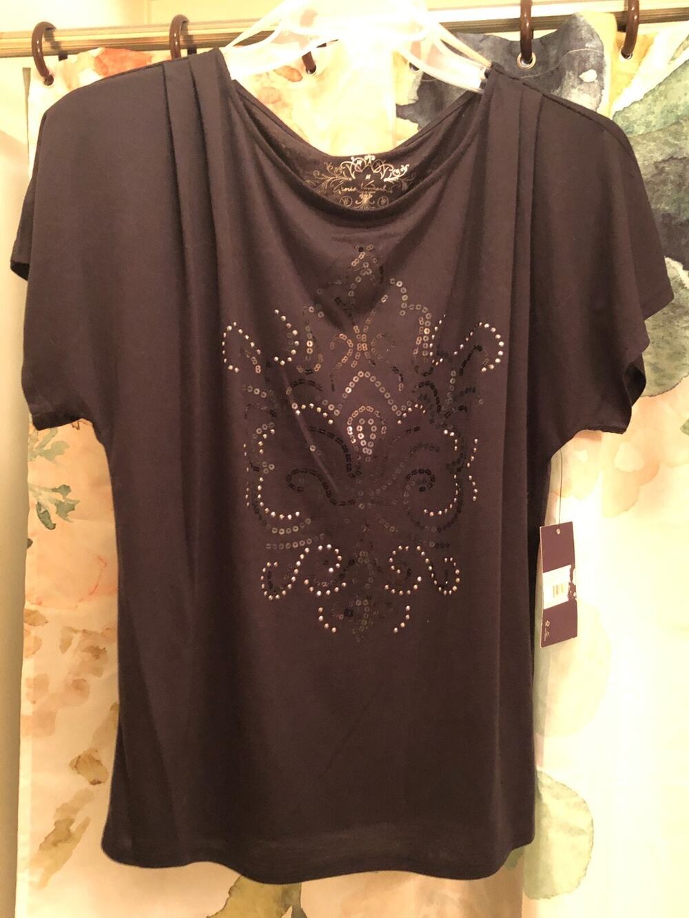 Gloria Vanderbilt Medium Glenda Blouse Black Rhinestones Sequins Scoop Neck